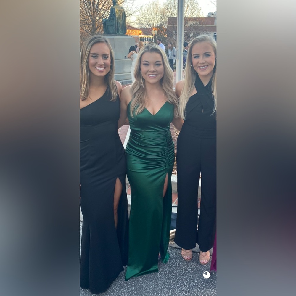 Honey & Rosie Green Evening Gown | Ruching, V Neck, Side Slit & Spaghetti Straps - Picture 2 of 11